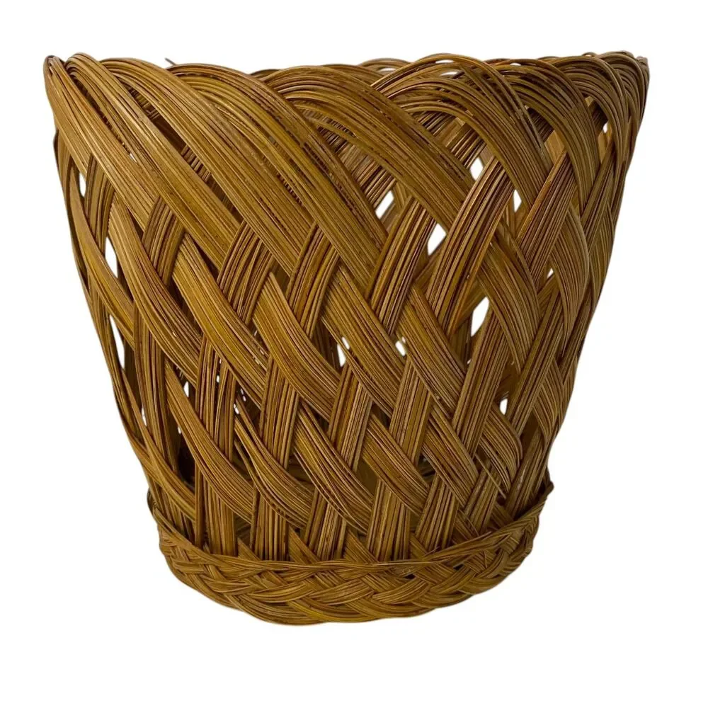 Vintage Wicker Rattan Planter or Wastebasket Tan